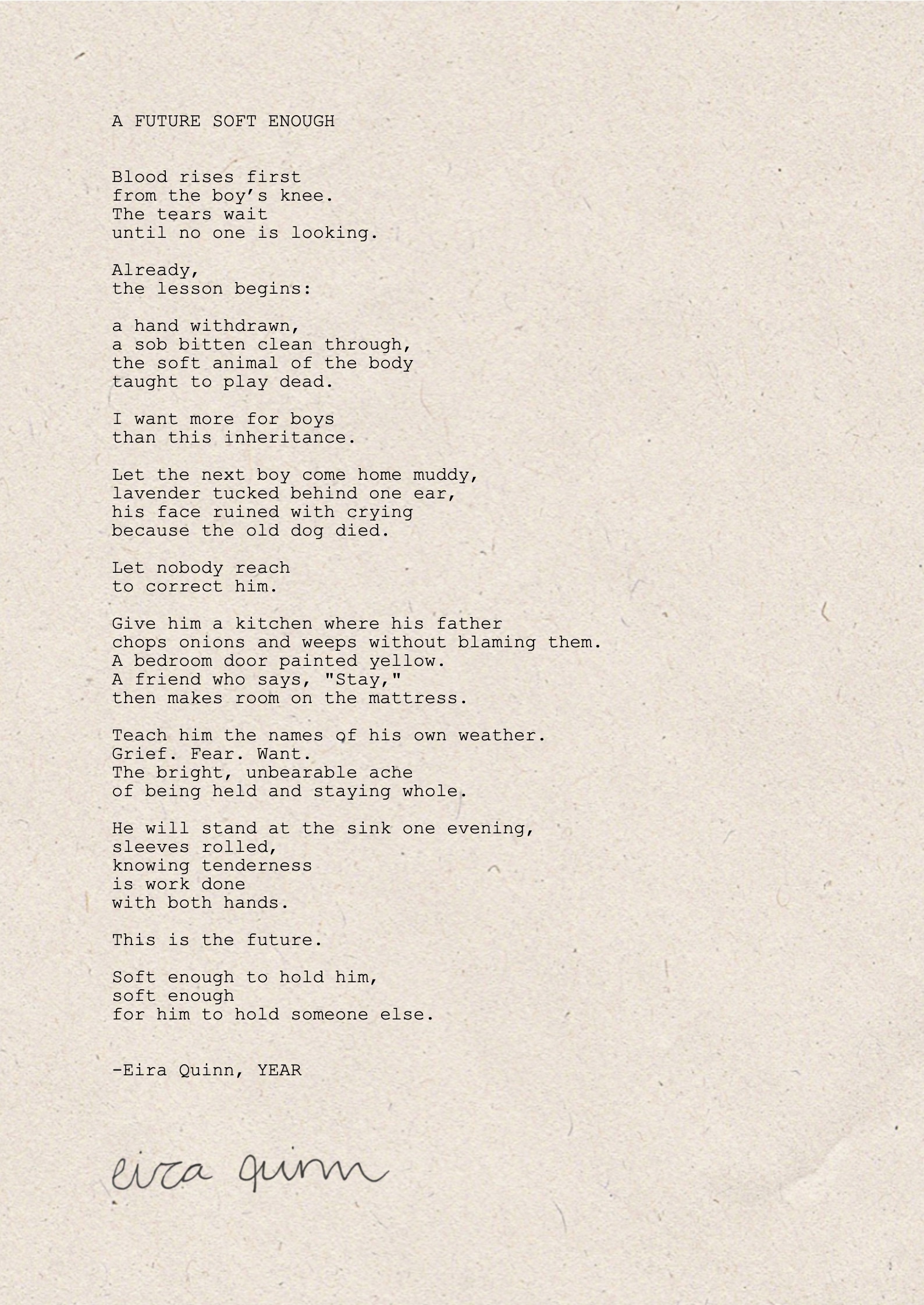 Mockup of "A Future Soft Enough" hand-typed on A4 handmade paper